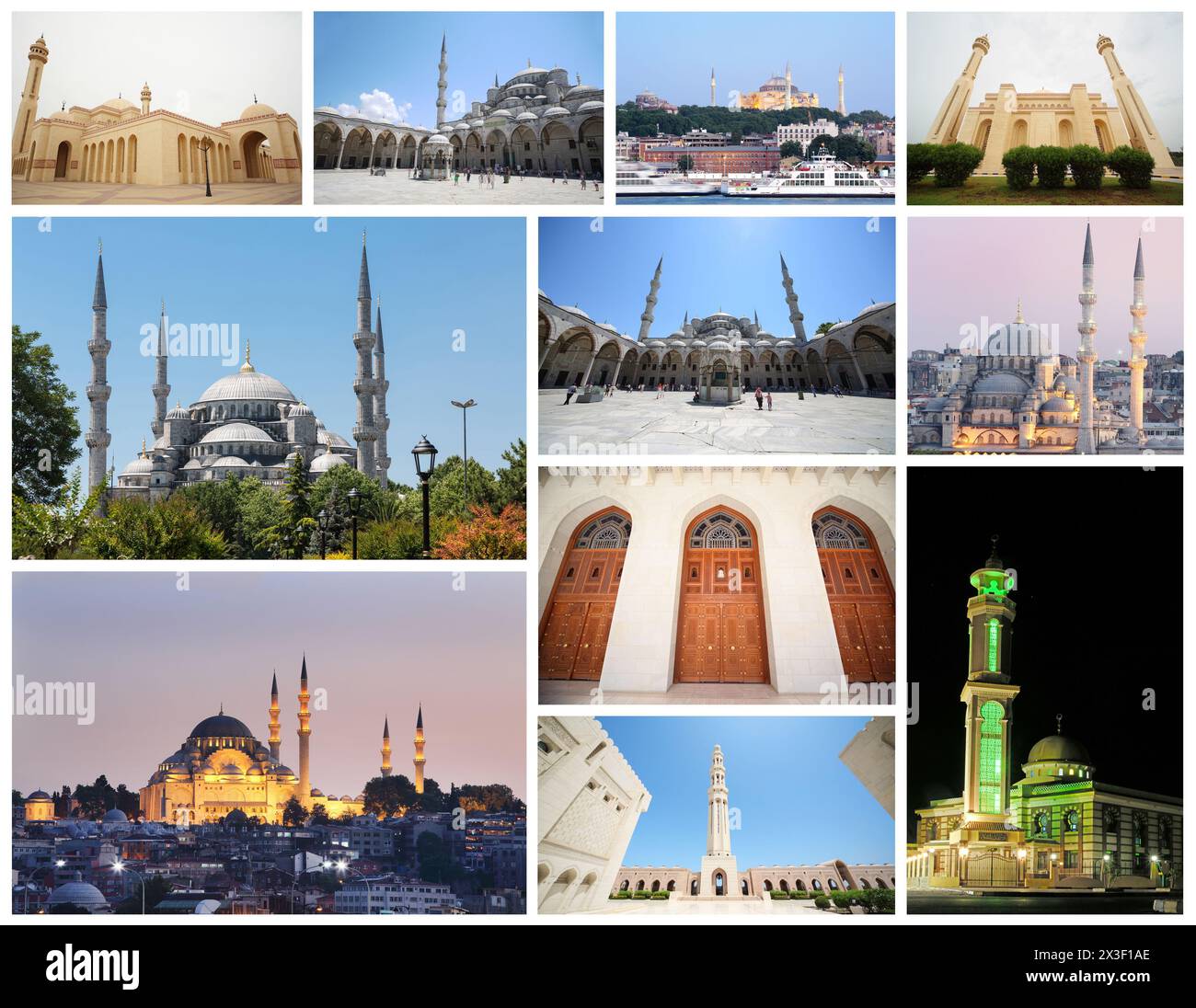 Collage avec de belles mosquées avec minarets, intérieurs musulmans Banque D'Images