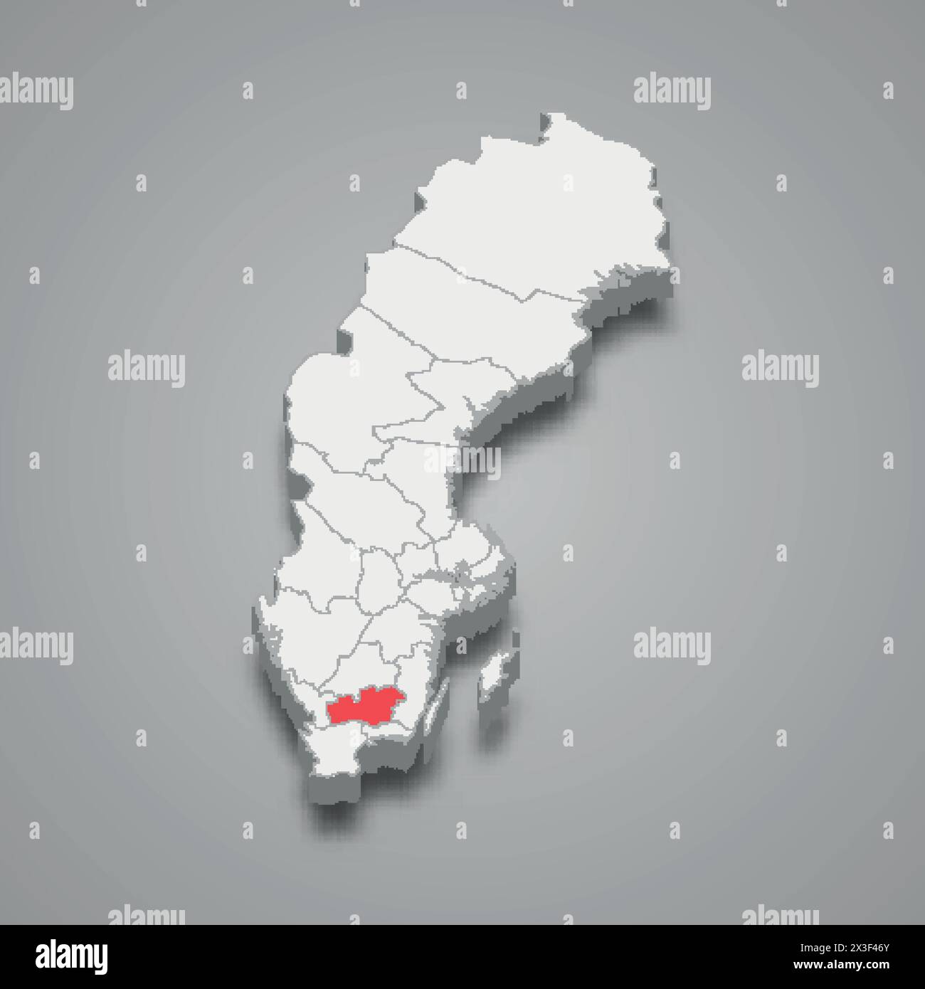 Comté de Kronoberg surligné en rouge sur une carte 3D grise de Suède Illustration de Vecteur