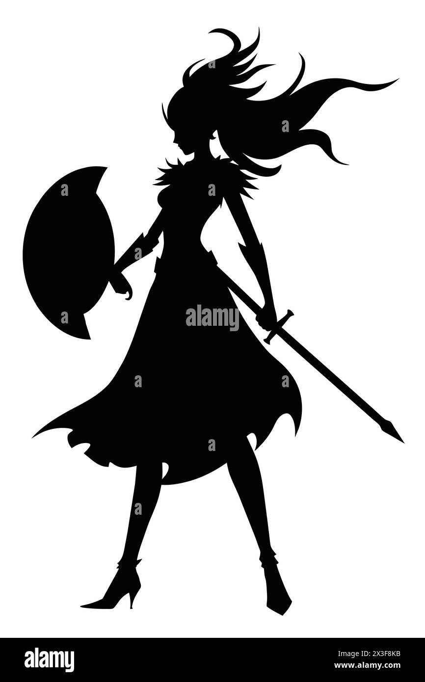 Une silhouette noire d'une élégante fille guerrière en armure avec un bouclier rond, les cheveux flottant dans le vent et une grande hache. 2d art. Illustration de Vecteur