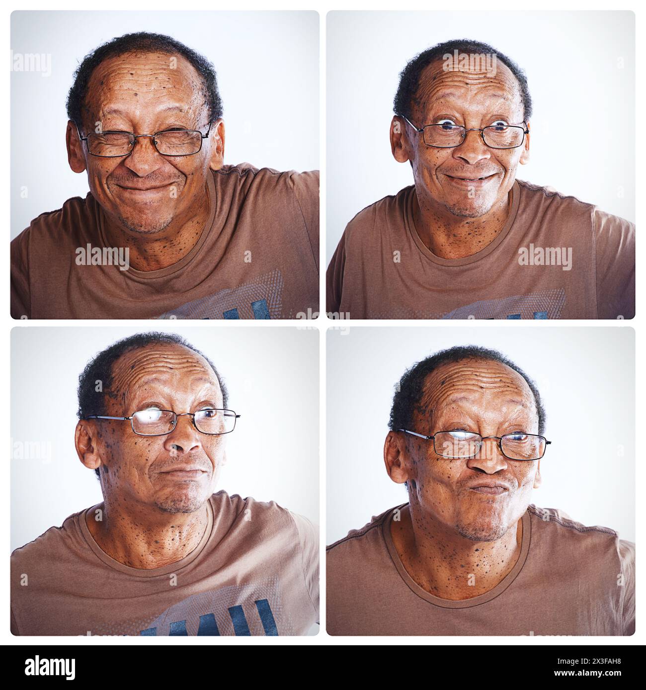 Senior, homme et collage avec des visages drôles pour la comédie, l'humour ou la personnalité en montage. Personne âgée masculine avec sourire ou lunettes dans la collection, cadre Banque D'Images