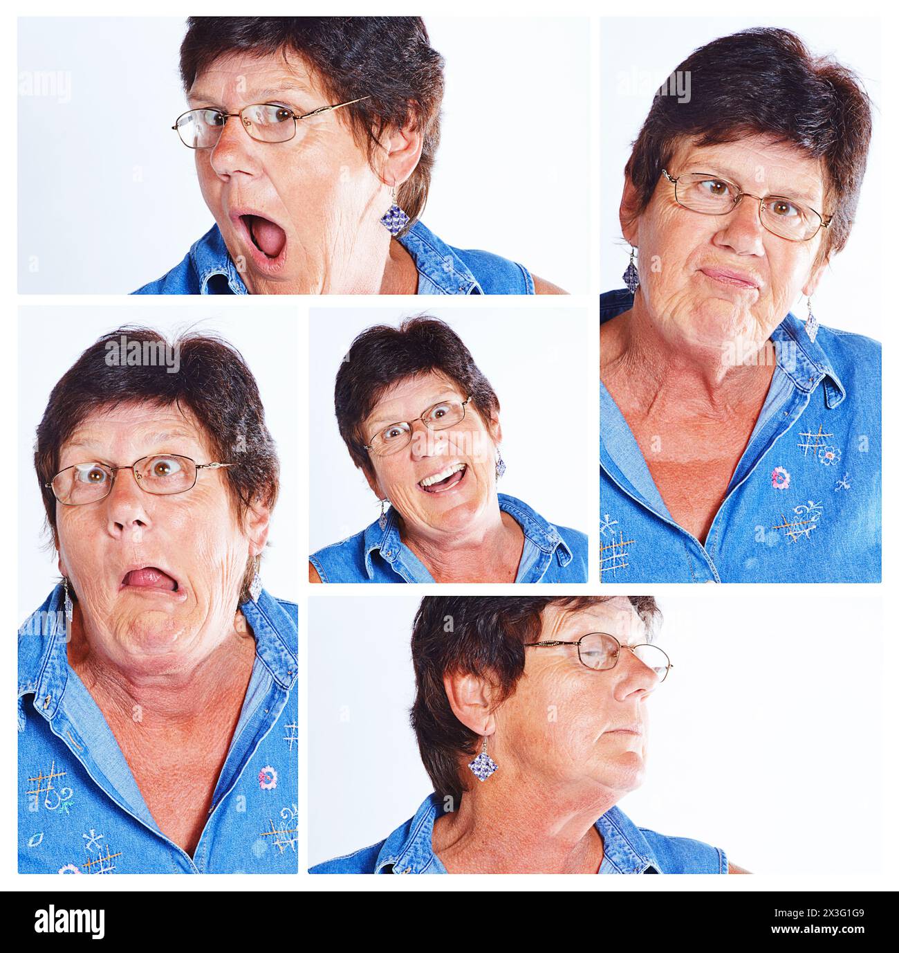 Senior, femme et collage avec des expressions drôles pour la comédie, l'humour ou la personnalité dans le montage. Femme âgée aux visages idiots en collection Banque D'Images