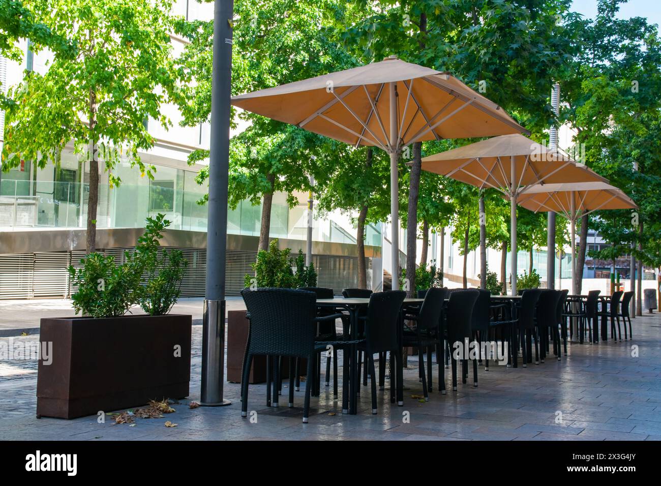 Café en plein air. Chaises et tables à l'extérieur sur le temps du soleil d'été en Espagne. Conception de Furitureset pour café ou restaurant d'été. Banque D'Images