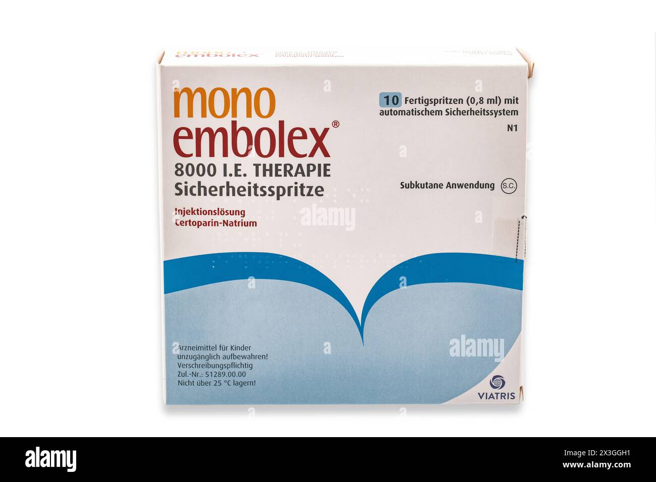 HUETTENBERG ; ALLEMAGNE - 2024 mars : mono Embolex 8000 I.E. seringue de sécurité thérapeutique. Mono Embolex est un produit de la société mondiale Viatris Healthcare comp Banque D'Images