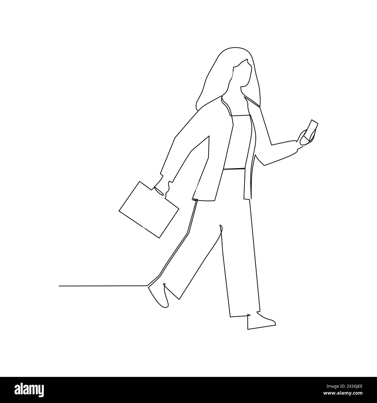 dessin au trait continu d'une femme marchant avec une mallette et un téléphone portable Illustration de Vecteur
