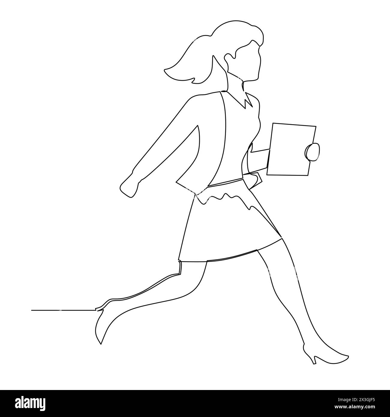 dessin au trait continu d'une femme d'affaires marchant et tenant un presse-papiers. Concept de gestion du temps d'affaires. Illustration de Vecteur