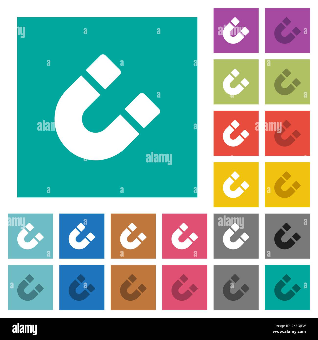 Icônes plates multicolores pleines d'aimant en fer à cheval sur fond carré Uni. Inclus des variations d'icône blanches et plus foncées pour le survol ou les effets actifs. Illustration de Vecteur