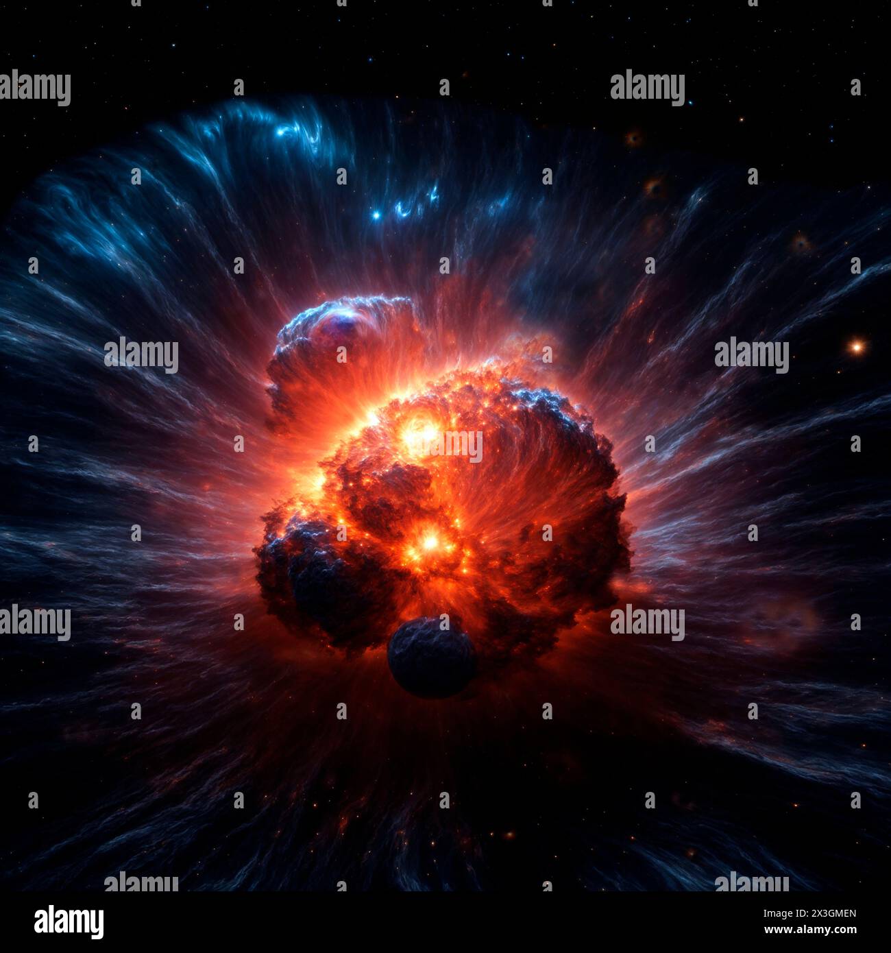 Formation d'un système planétaire. Illustration d'un planétésimal entrant en collision dans un disque protoplanétaire autour d'une jeune étoile. Les disques protoplanétaires sont des cercles comprimés, des spirales ou des ellipses de gaz et de poussière qui se forment autour des protoétoiles au début de leur développement. La poussière à l'intérieur d'un disque se coalesce en planétésimaux, qui avec l'ajout de plus de matière peuvent former des planètes. La collision des planétésimaux peut conduire à la formation de lunes. Banque D'Images