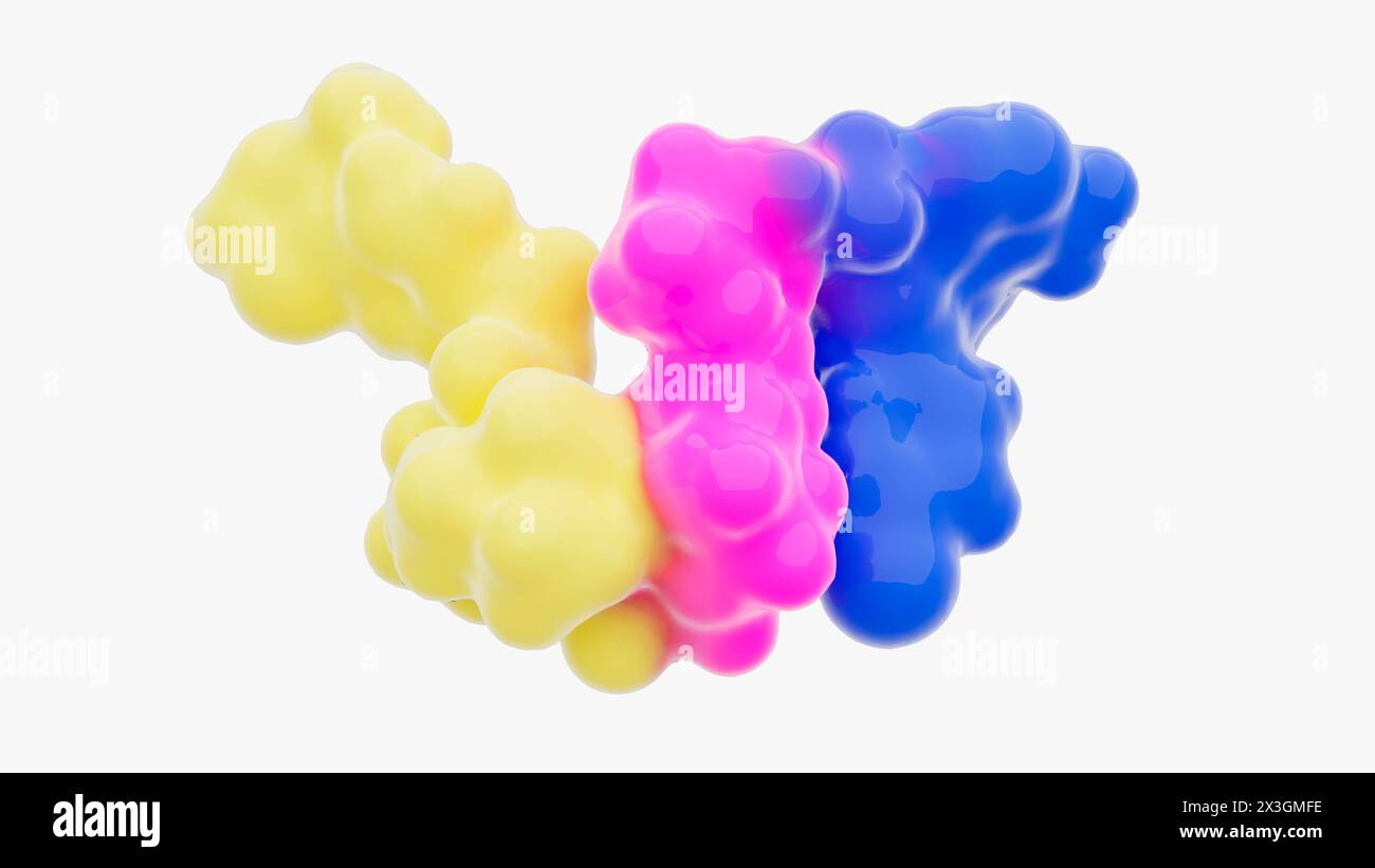 Illustration de la structure d'une molécule de dégradation de protéine ciblée, telle qu'une chimère de ciblage de protéolyse (PROTAC). Les dégradants de protéines ciblés sont de petites molécules constituées de deux ligands (jaune et violet) joints par un linker (rose). Un ligand recrute une protéine d'intérêt, tandis que l'autre recrute une molécule de protéine ligase, ce qui conduit à l'ubiquitylation et à la dégradation subséquente de la protéine d'intérêt. Banque D'Images