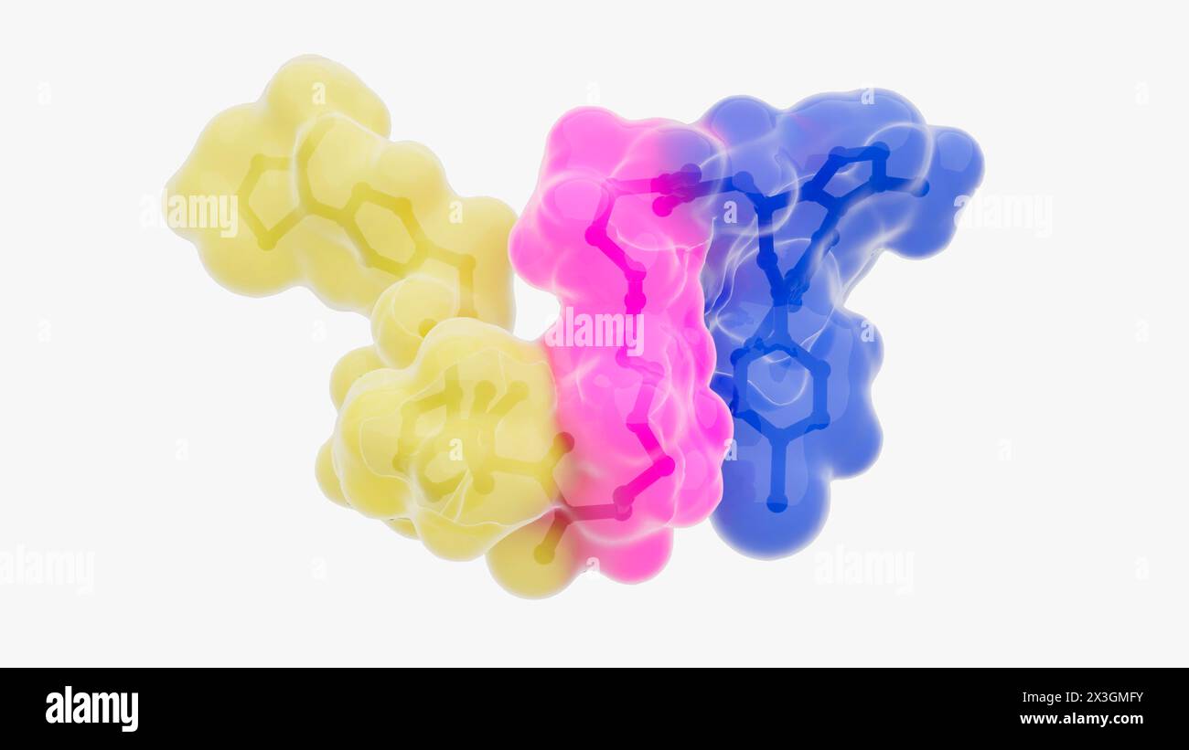 Illustration de la structure d'une molécule de dégradation de protéine ciblée, telle qu'une chimère de ciblage de protéolyse (PROTAC). Les dégradants de protéines ciblés sont de petites molécules constituées de deux ligands (jaune et violet) joints par un linker (rose). Un ligand recrute une protéine d'intérêt, tandis que l'autre recrute une molécule de protéine ligase, ce qui conduit à l'ubiquitylation et à la dégradation subséquente de la protéine d'intérêt. Banque D'Images