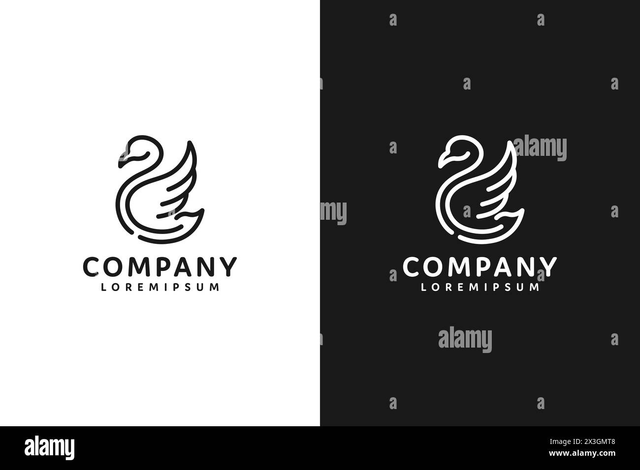 Logo noir et blanc au trait de cygne avec texte de l'entreprise écrit en dessous. Le logo est conçu pour transmettre une impression d'élégance et de grâce, et est su Illustration de Vecteur