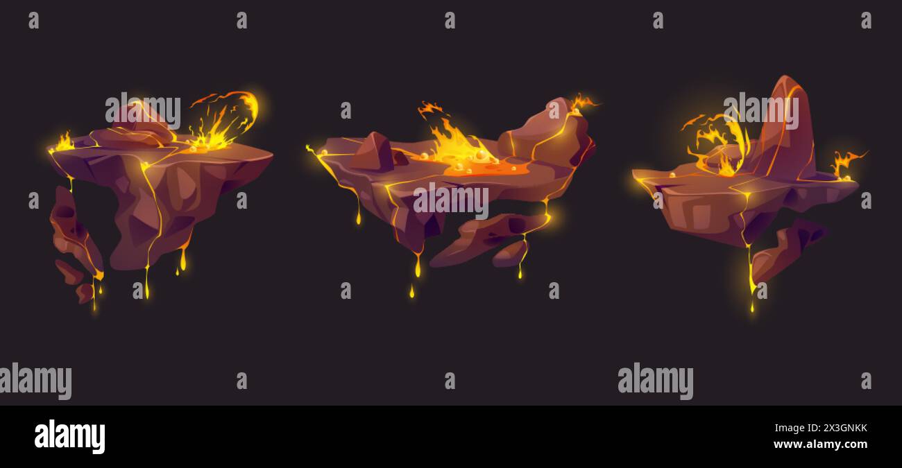 Îles flottantes de terre rocheuse avec liquide de lave orange chaud avec éclaboussures et bulles éruption et propagation. Jeu d'illustration vectorielle de dessin animé ensemble de flyi Illustration de Vecteur