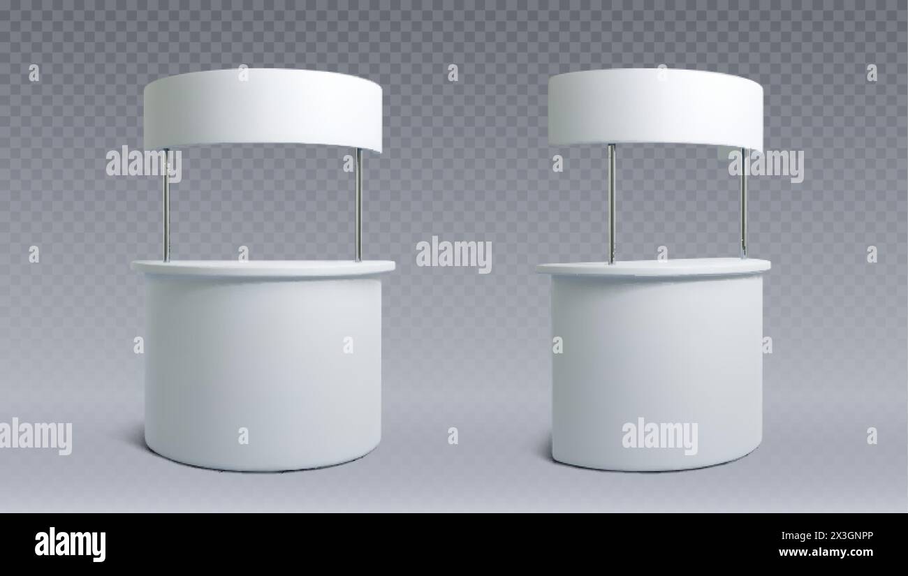 Publicité et promo maquette de stand blanc de stand avec enseigne. Ensemble d'illustration vectorielle réaliste de kiosque portable vide pour la présentation du produit et Illustration de Vecteur