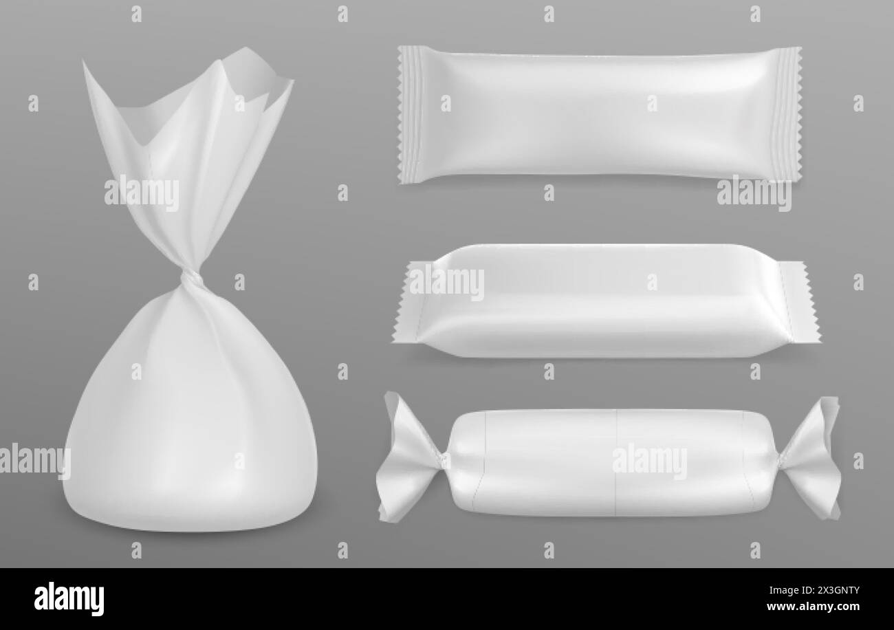 Maquette blanche d'emballage de bonbons vierges. Ensemble réaliste d'illustration vectorielle 3d de modèle de paquet de chocolat et de bonbon. Récipient en plastique pour collation sucrée Illustration de Vecteur