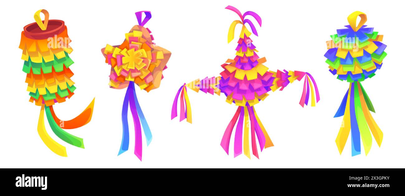 Pinata en papier mexicain traditionnel pour fête d'anniversaire et célébration cinco de Mayo. Ensemble d'illustration vectorielle de dessin animé de papier artisanal coloré lumineux Illustration de Vecteur