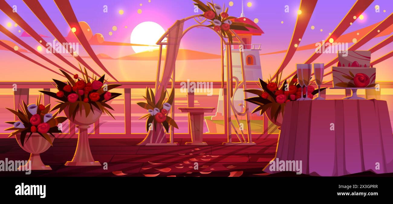 Cérémonie de mariage soirée coucher de soleil installation extérieure avec autel sous arc drapé et décoré de fleurs sur le rivage avec phare. Dessin animé vecteur illustr Illustration de Vecteur