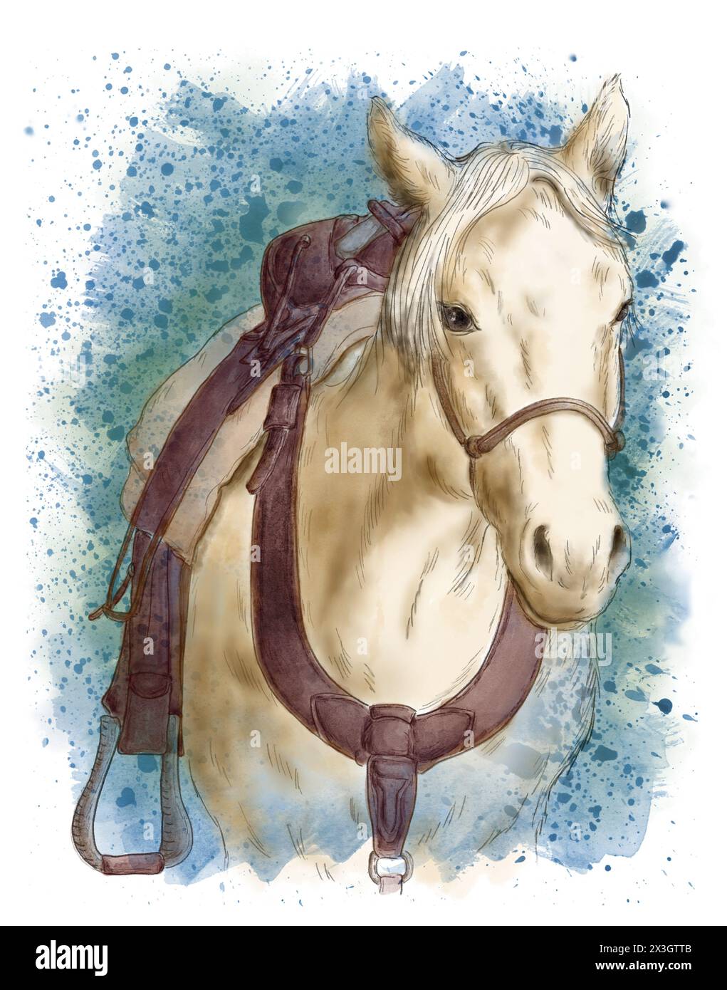 Portrait d'un jeune cheval blanc avec selle occidentale sur fond aquarelle texturé bleu. Concept d'animal de ferme. Banque D'Images