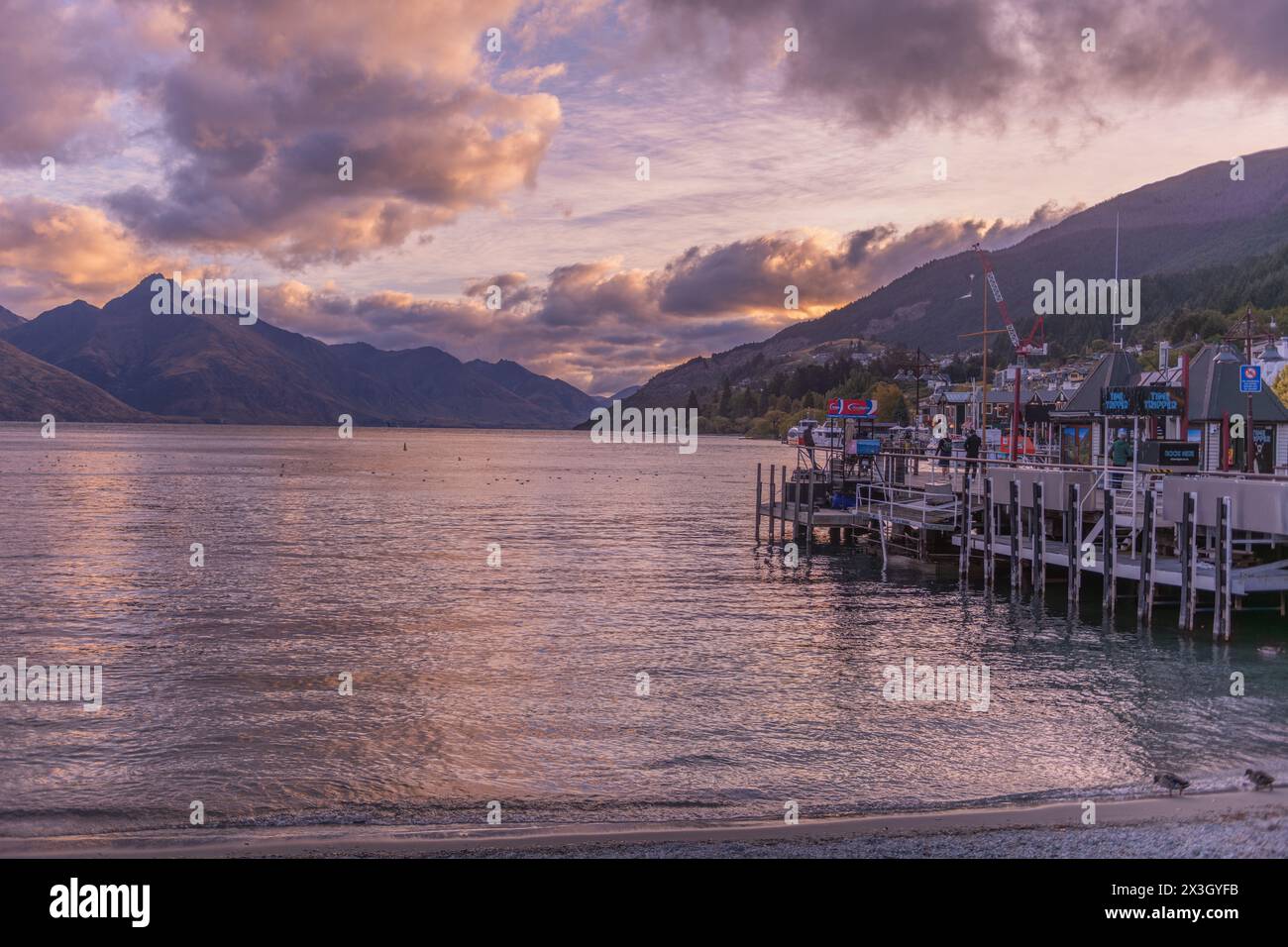 Gueesntown, Nouvelle-Zélande marina au coucher du soleil Banque D'Images