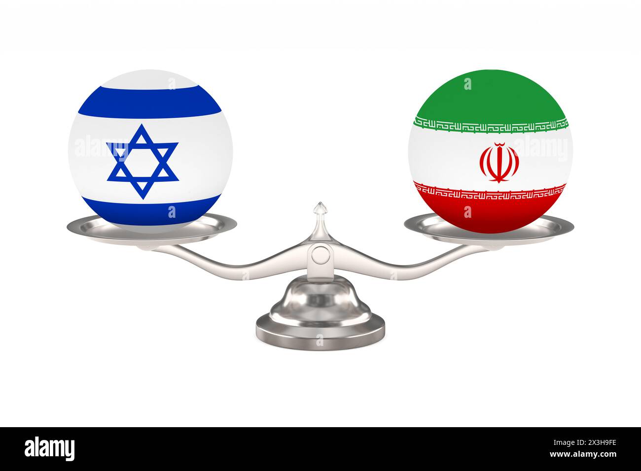 Deux boules avec drapeau israël, iran et échelle sur fond blanc. Illustration 3D isolée Banque D'Images
