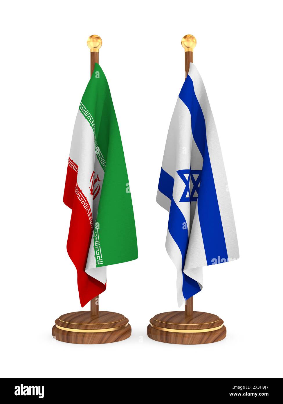 Drapeau de l'Iran et d'Israël sur fond blanc. Illustration 3D isolée Banque D'Images