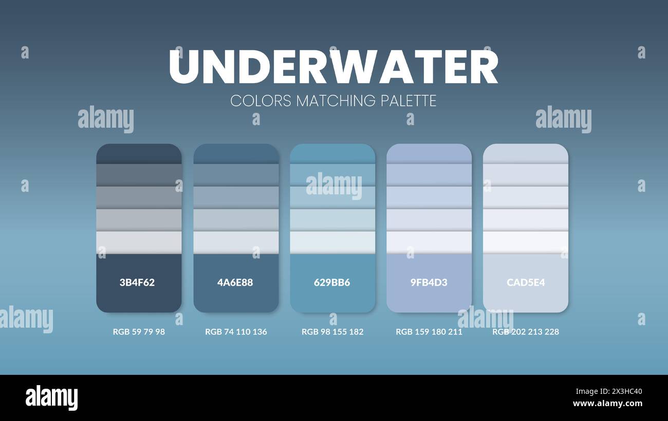 Guide de palette de couleurs dans les collections à thème Underwater Colour. Inspiration de couleur ou graphique avec modèle de codes. Combinaison de couleurs RVB. Nuances de couleurs pour Illustration de Vecteur