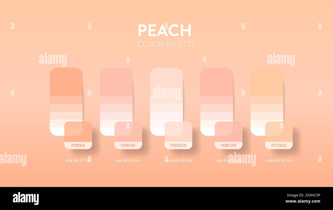 Guide de palette de couleurs dans les collections de thèmes de couleur pêche. Inspiration de couleur ou graphique avec modèle de codes. Combinaison de couleurs définie RVB. Nuances de couleurs pour Illustration de Vecteur