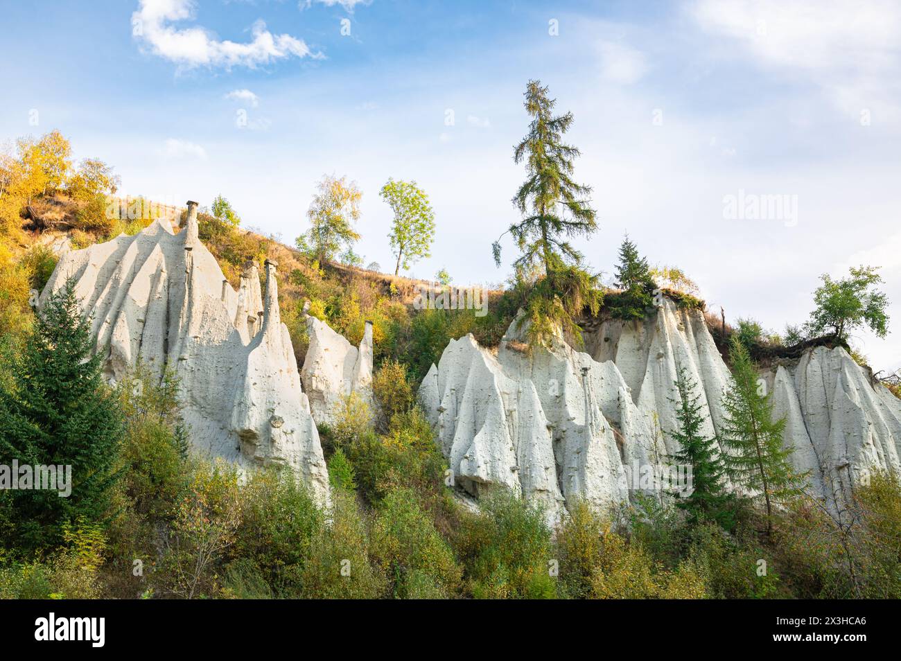 Vue magnifique sur les pyramides calcaires près de Terenten dans la vallée de Puster, Tyrol du Sud, Italie. Banque D'Images