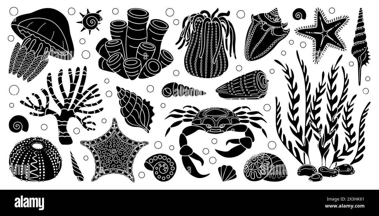Ensemble silhouette SEA LIFE dessinée à la main. Animaux aquatiques, anémones, crabe, algues, coquillages, étoiles de mer, plantes de récif corallien. Silhouettes d'écosystème sous-marin noir et blanc de style simple. Illustration vectorielle Illustration de Vecteur