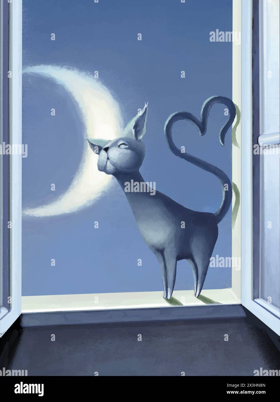 chat sur un rebord de fenêtre repose son museau sur un croissant de lune, une métaphore de la douceur Banque D'Images