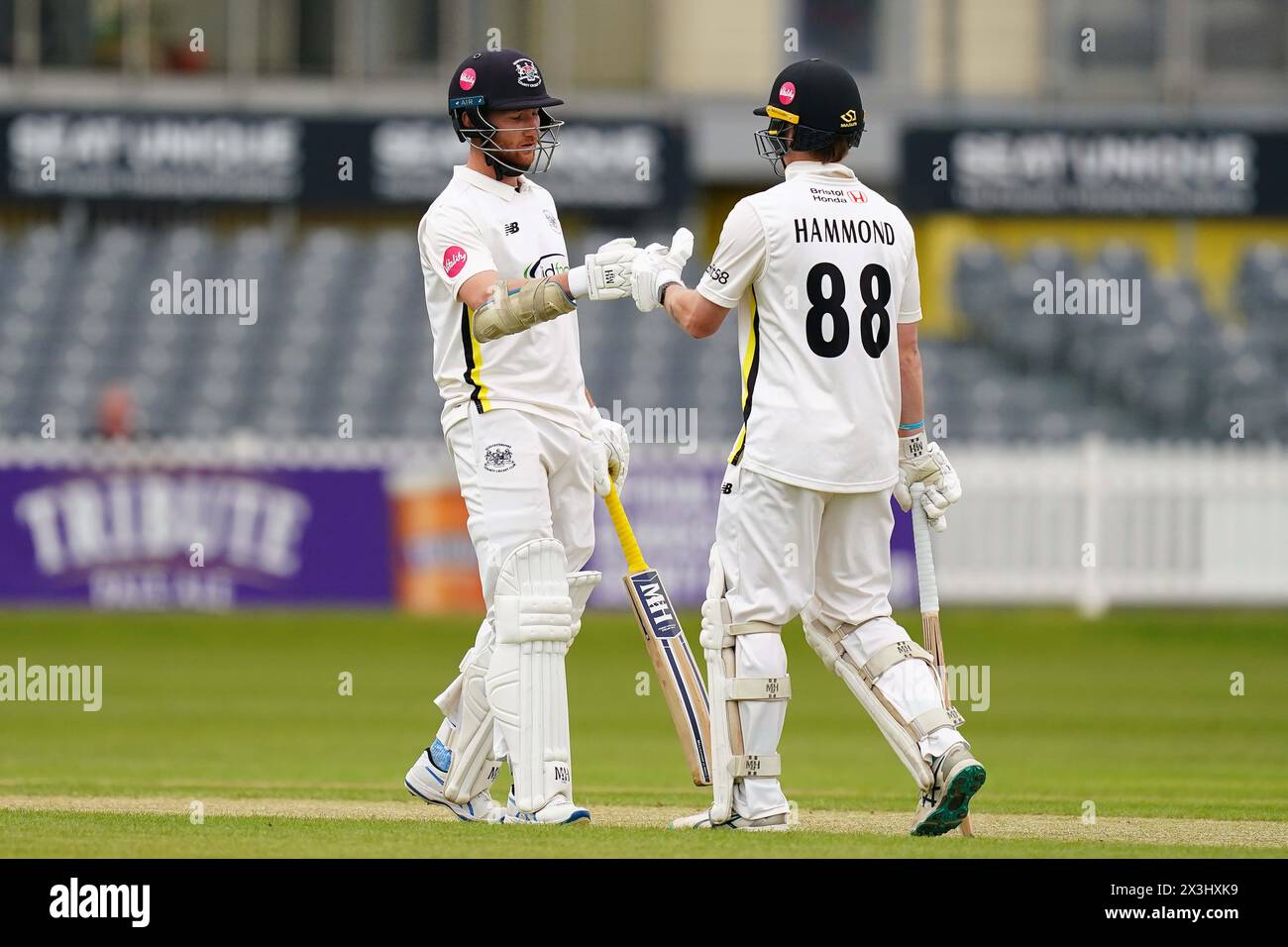 Bristol, Royaume-Uni, 27 avril 2024. James Bracey et Miles Hammond du Gloucestershire se battent lors du match de Vitality County Championship Division Two entre le Gloucestershire et le Middlesex. Crédit : Robbie Stephenson/Gloucestershire Cricket/Alamy Live News Banque D'Images