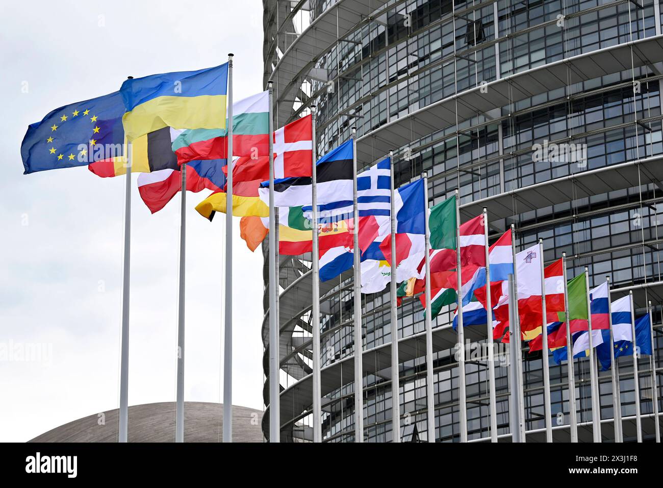 Flaggen der eu-Staaten und der Ukraine sowie die eu-Flagge wehen vor dem eu-Parlament in Straßburg. Straßburg, 25.04.2024 Grand est Frankreich *** les drapeaux des états de l'UE et de l'Ukraine ainsi que le drapeau de l'UE flottent devant le Parlement européen à Strasbourg Strasbourg, 25 04 2024 Grand est France Copyright : xDwixAnoraganingrumx Banque D'Images