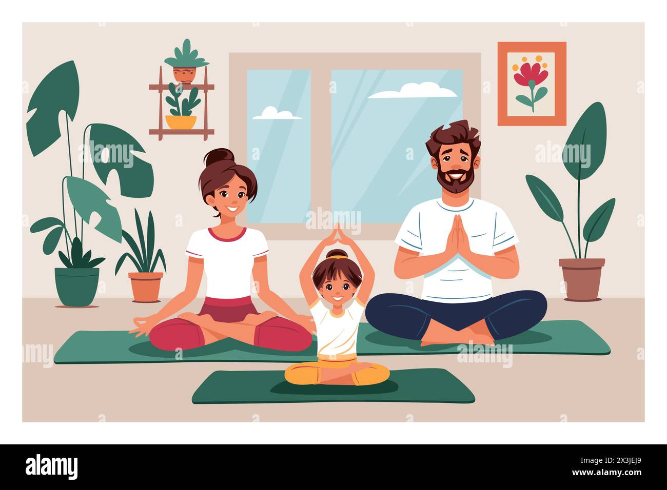 Mère, père et fille faisant du yoga en position lotus à la maison. Concept de fitness yoga familial. Illustration vectorielle plate Illustration de Vecteur