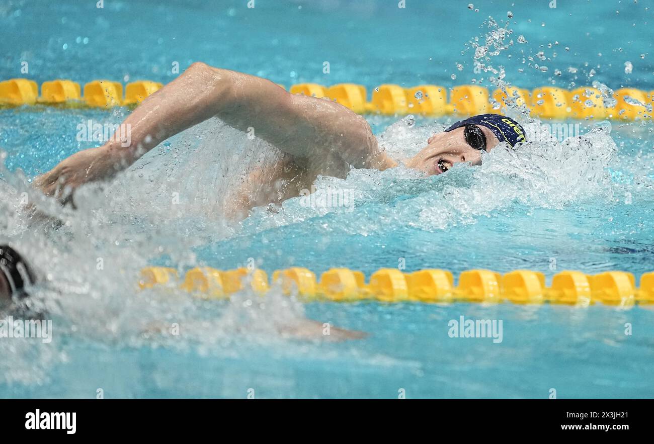 Berlin, Allemagne. 27 avril 2024. Natation : Championnat d'Allemagne, décision : 200m hommes nage libre : Lukas Märtens. Crédit : Michael Kappeler/dpa/Alamy Live News Banque D'Images