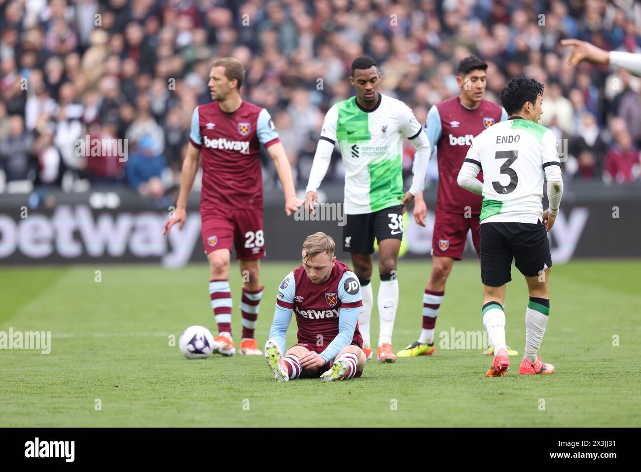 Londres, Royaume-Uni. 27 avril 2024. Jarrod Bowen (WHU) au West Ham United v Liverpool EPL match, au London Stadium, Londres, Royaume-Uni le 27 avril 2024. Crédit : Paul Marriott/Alamy Live News Banque D'Images