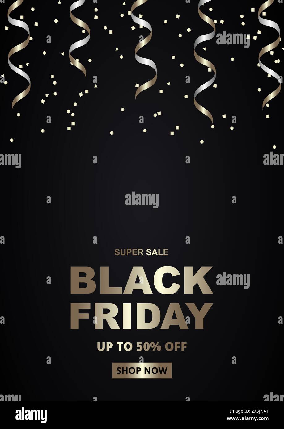 Black friday modèle de bannière de vente verticale dorée et noire avec confettis dorés. Illustration vectorielle Illustration de Vecteur