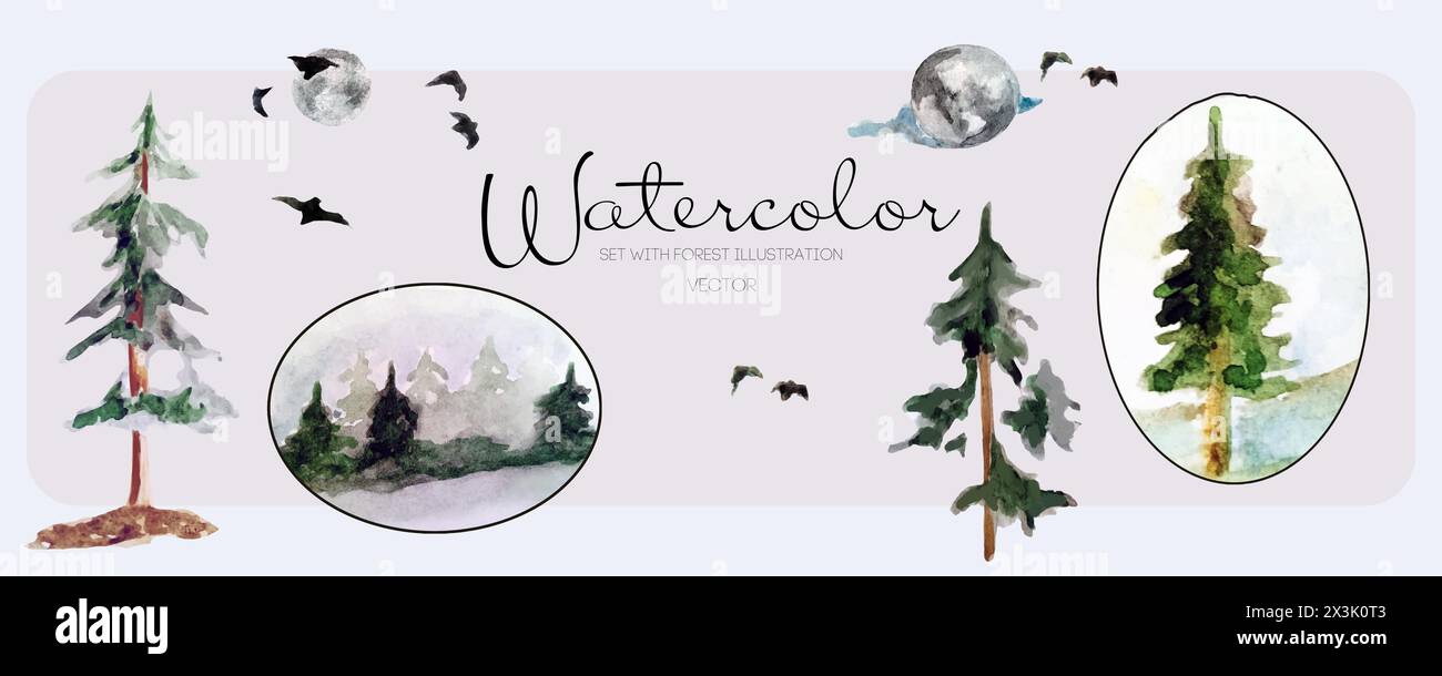 Ensemble avec forêt d'aquarelle, illustration de lune. Illustration vectorielle, pin, lune, oiseaux, paysage forestier, éléments pour une carte postale. Bâtonnets d'aquarelle Illustration de Vecteur