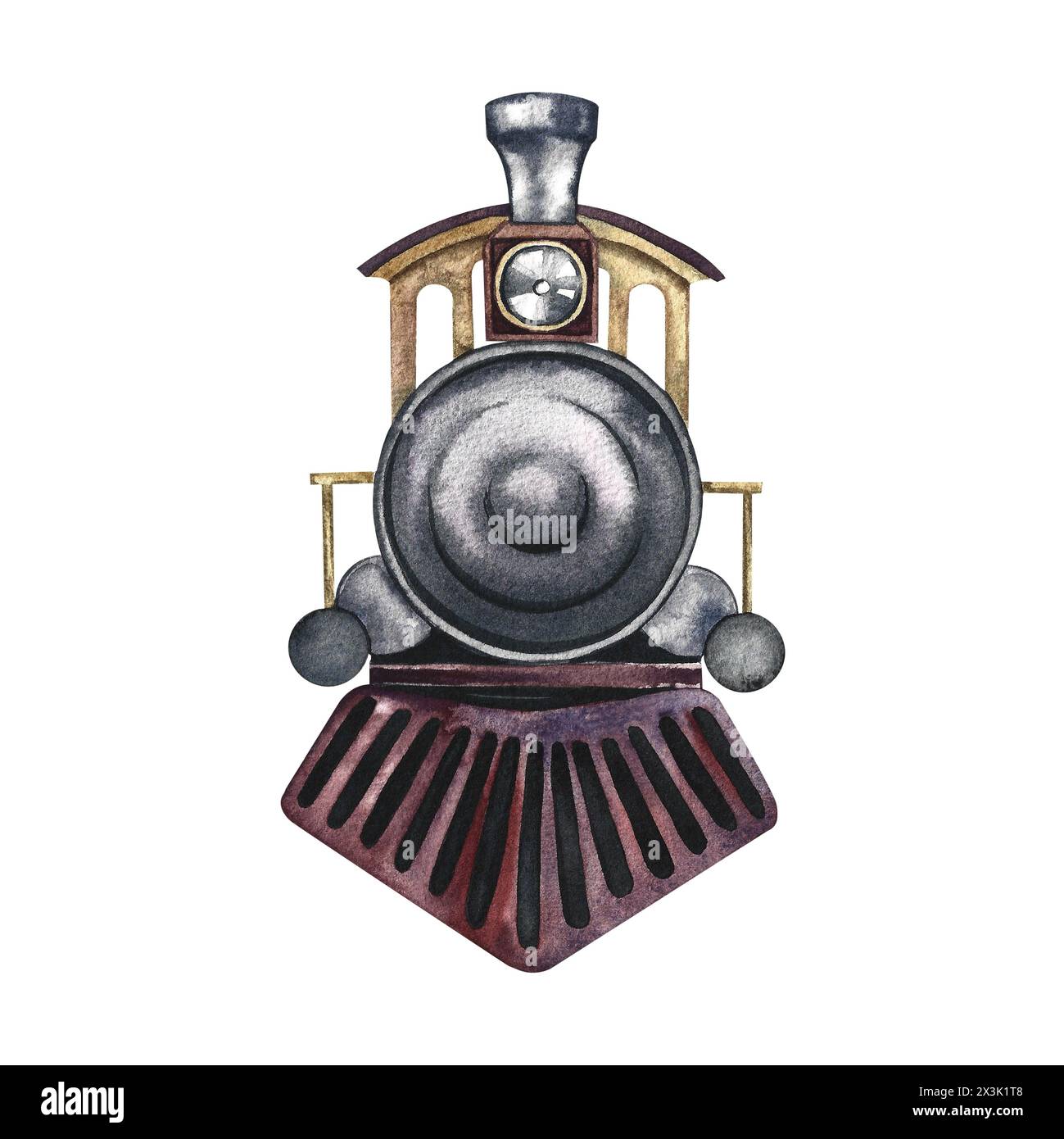 Locomotive à vapeur rétro vintage, vue de face. Les illustrations aquarelles sont réalisées à la main, isolément. Pour bannières, flyers, affiches. Pour les tirages, autocollant Banque D'Images