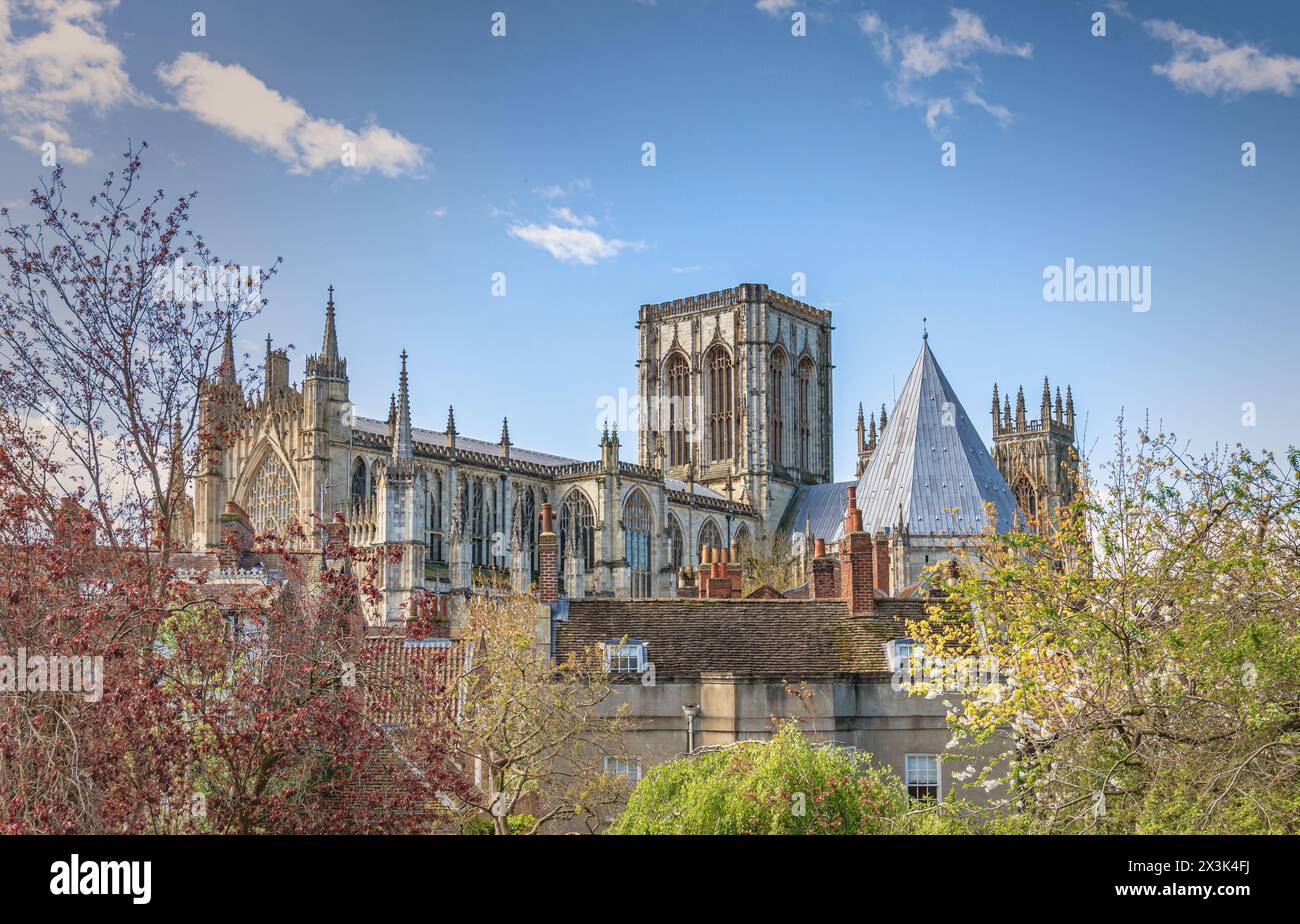 Les tours orientées ouest de York Minster vues au-dessus d'un toit avec des cheminées. Les arbres avec des bourgeons printaniers sont au premier plan et un ciel avec des nuages est au-dessus Banque D'Images