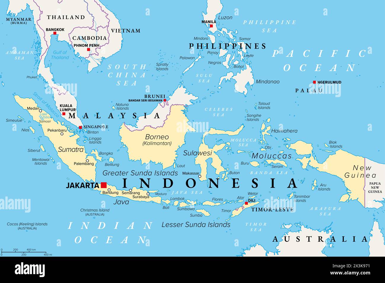 Indonésie, pays d'Asie du Sud-est et d'Océanie, carte politique. Avec les plus grandes îles Sumatra, Java, Sulawesi, et des parties de Bornéo et Nouvelle-Guinée. Banque D'Images