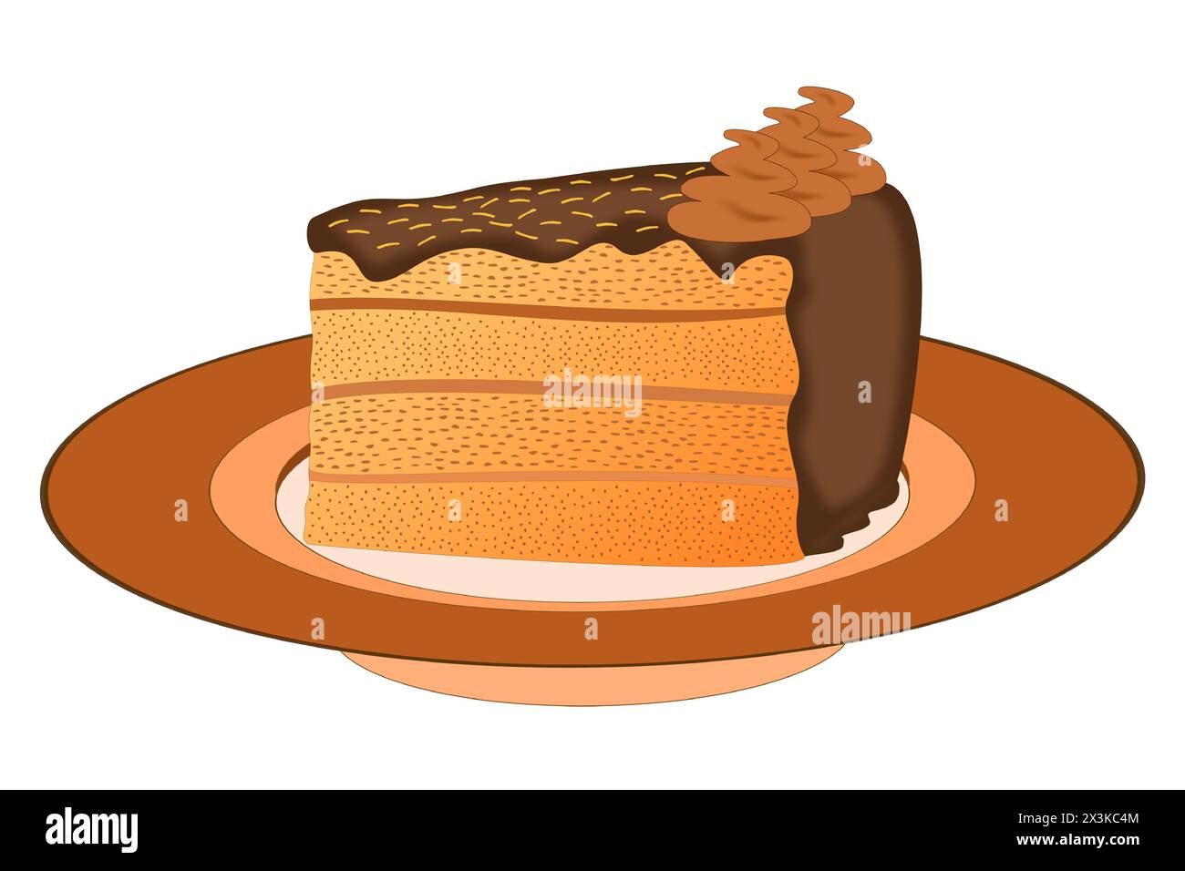 Un morceau de gâteau avec glaçage au chocolat, crème brun clair et décoration jaune sur une assiette brune Illustration de Vecteur