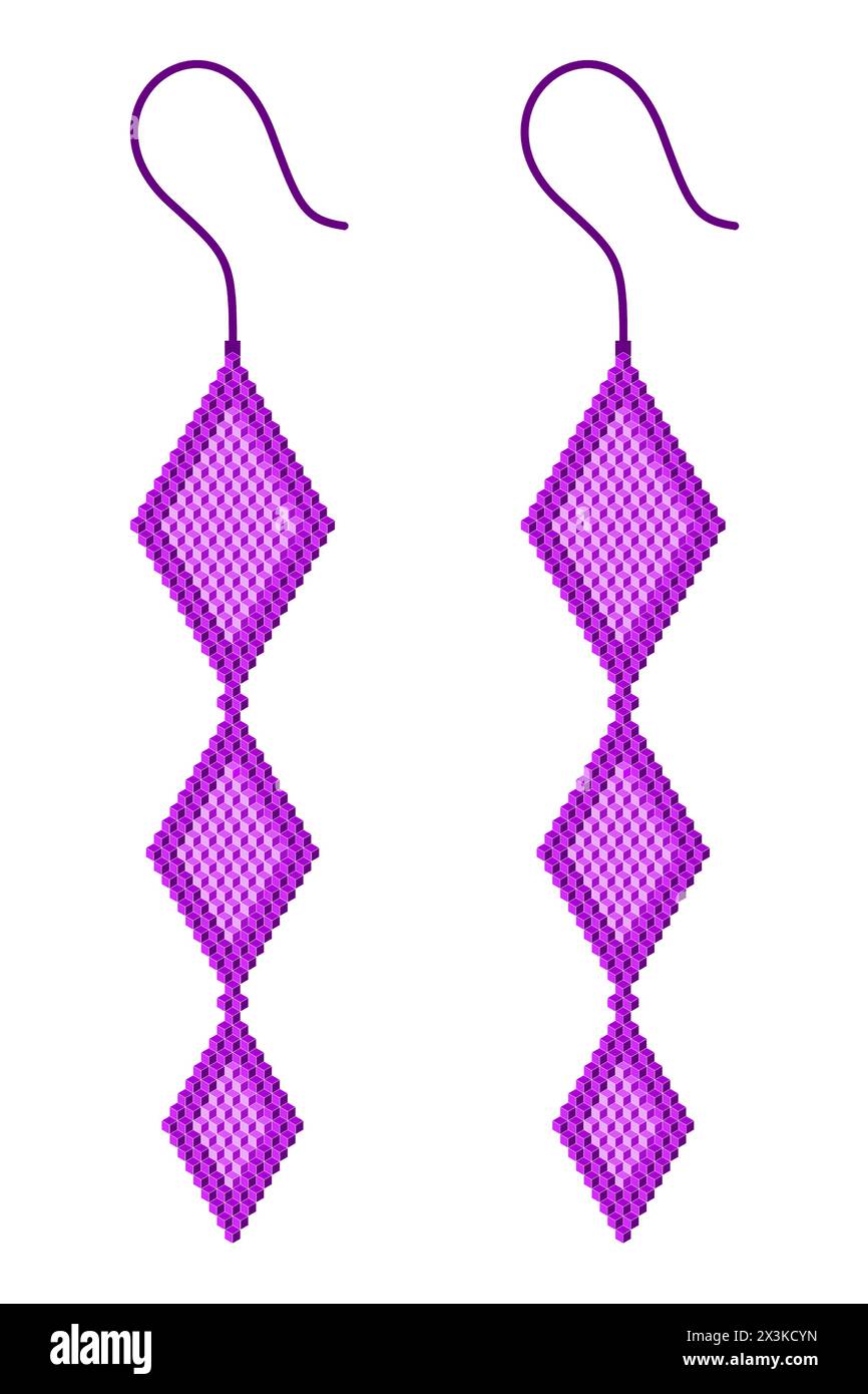 Deux boucles d'oreilles violet clair et foncé faites de carrés 3D en forme de trois losanges pendent l'une au-dessous de l'autre progressivement du plus grand au plus petit Illustration de Vecteur