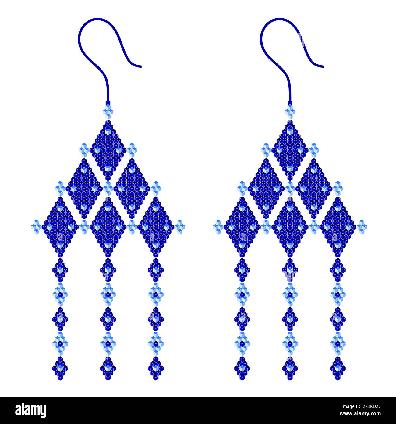 Deux boucles d'oreilles suspendues bleues composées de grands et petits losanges dans une combinaison de bleu clair et foncé, qui sont composées de cubes 3D. Illustration de Vecteur