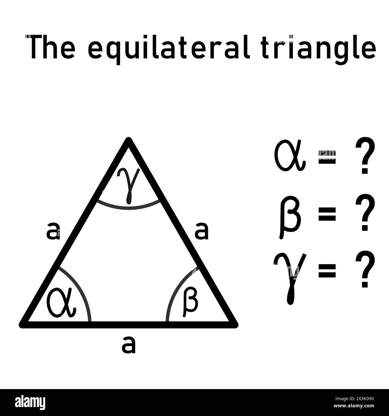 Exemple mathématique - compléter les tailles de tous les angles intérieurs dans un triangle équilatéral en utilisant la connaissance de la somme des angles intérieurs dans un tr Illustration de Vecteur