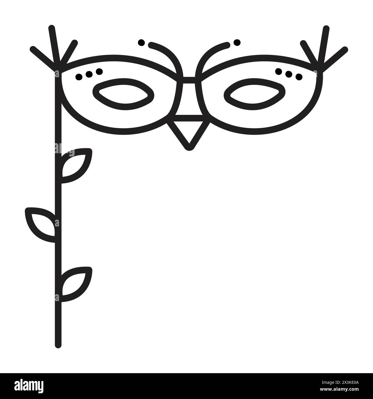 Masques de mascarade oeil d'oiseau avec un bâton, icône de ligne noire vectorielle Illustration de Vecteur