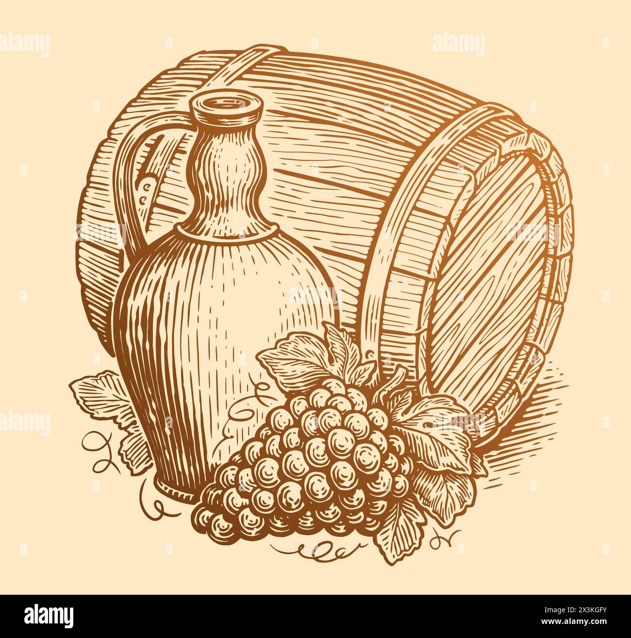 Tonneau en bois, cruche et raisins. Croquis de concept de vin. Illustration vectorielle vintage de cave Illustration de Vecteur