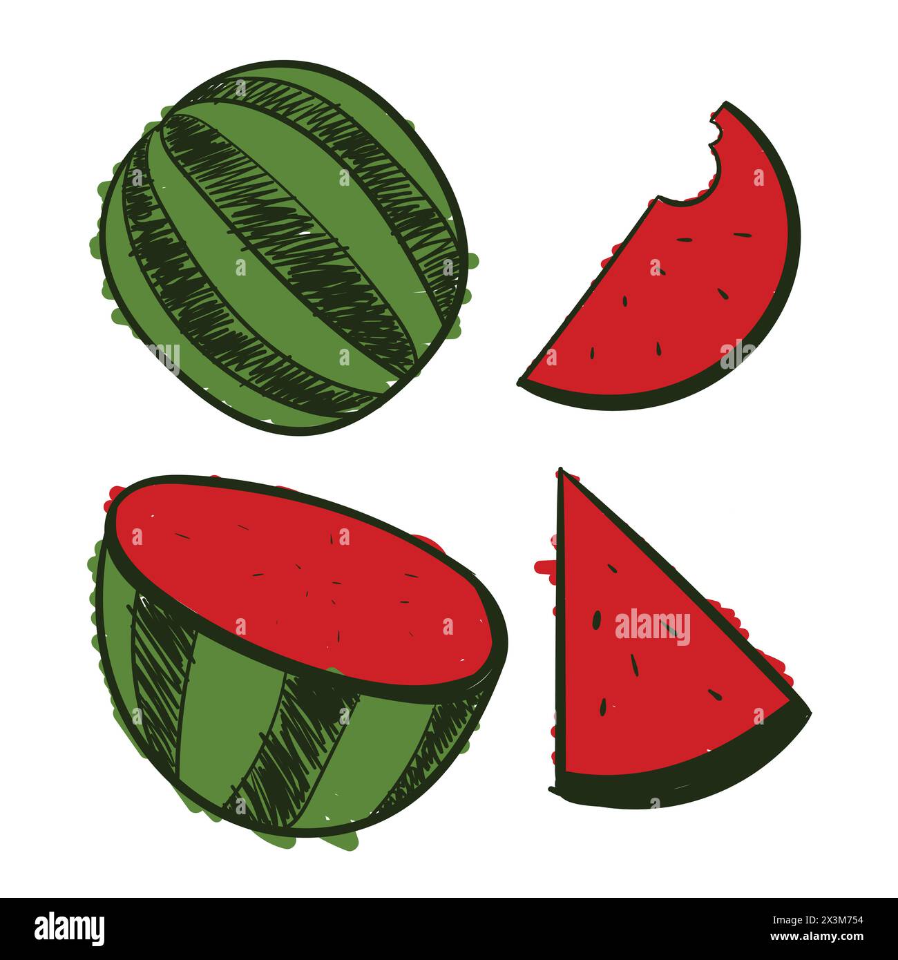 Watermelon fruit Drawing Set vecteur Watermelon Scribbles icônes Doodle. Vecteur de pastèque Illustration de Vecteur