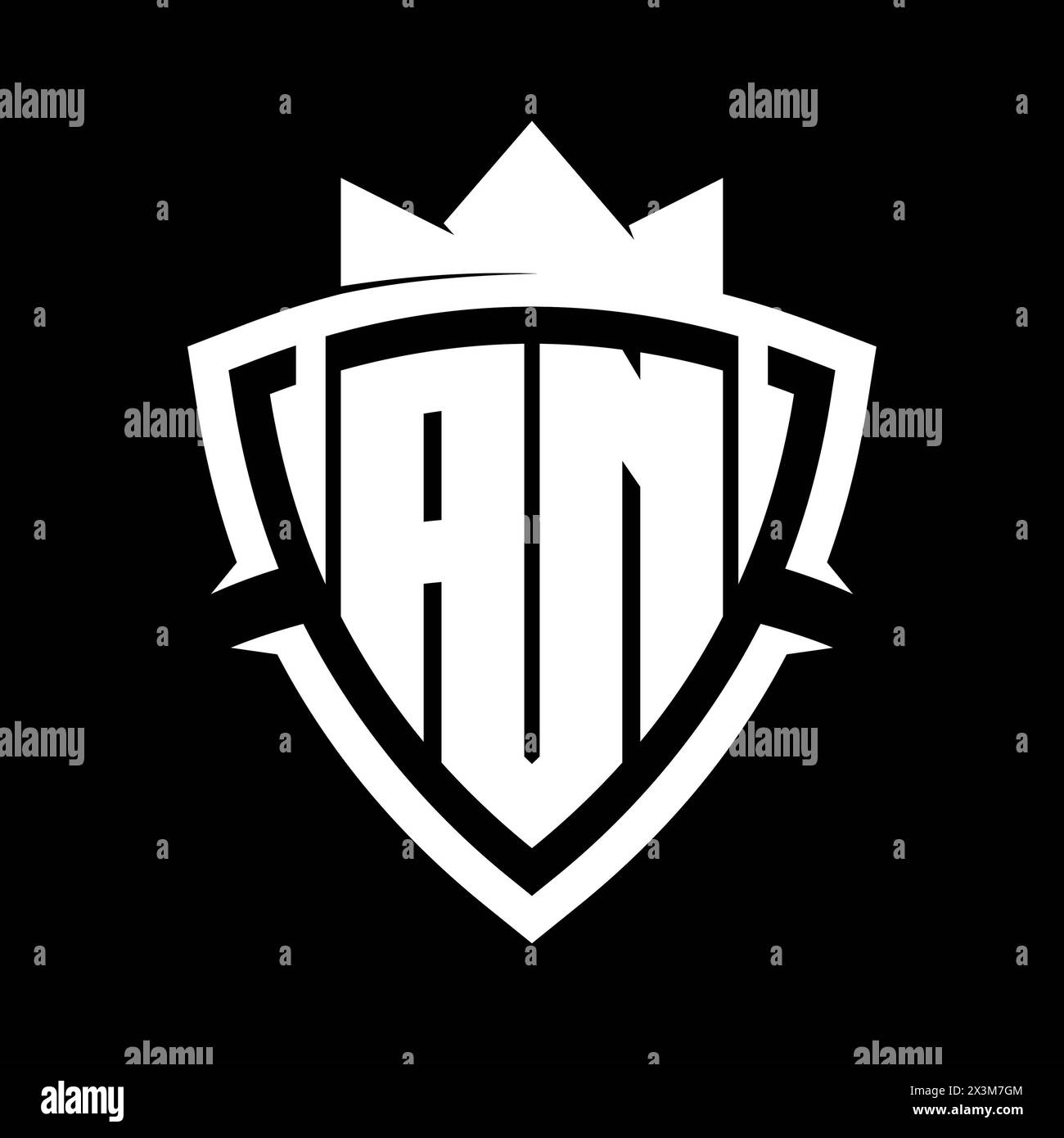 Monogramme lettre en gras avec forme de bouclier courbe triangulaire avec modèle de conception de couleur de fond blanc et noir couronne Banque D'Images