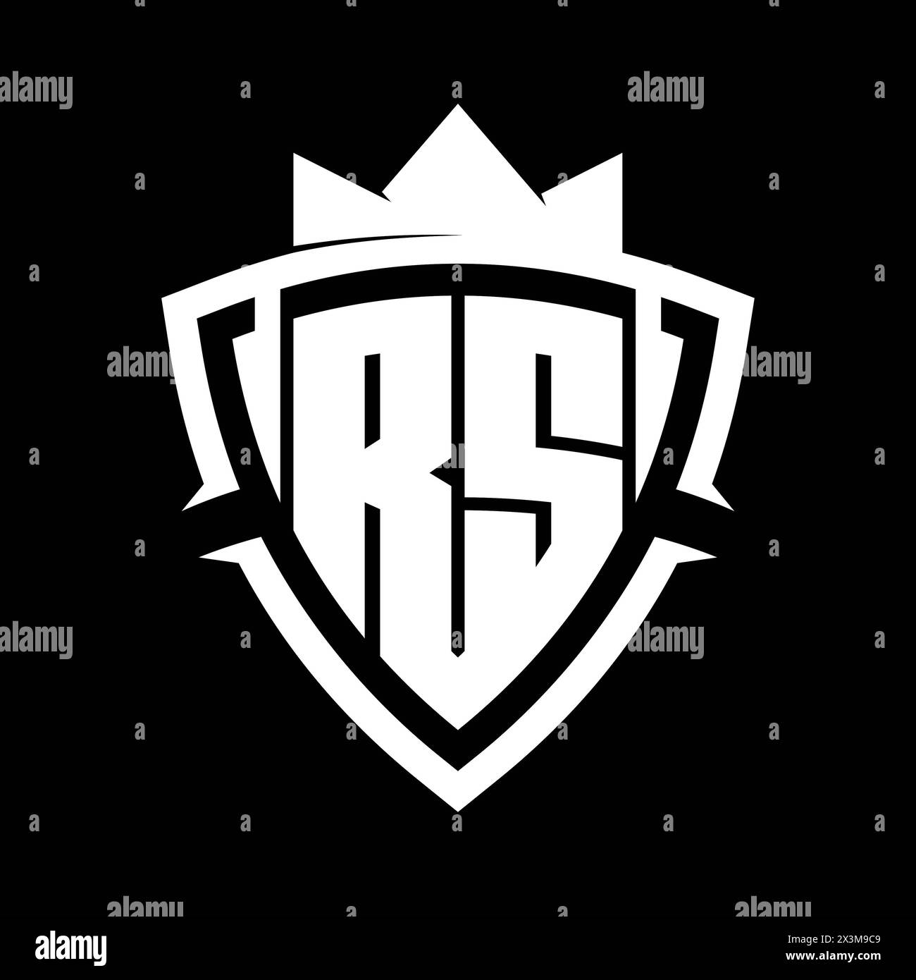 Monogramme lettre RS en gras avec forme de bouclier courbe triangulaire avec modèle de conception de fond blanc et noir couronne Banque D'Images