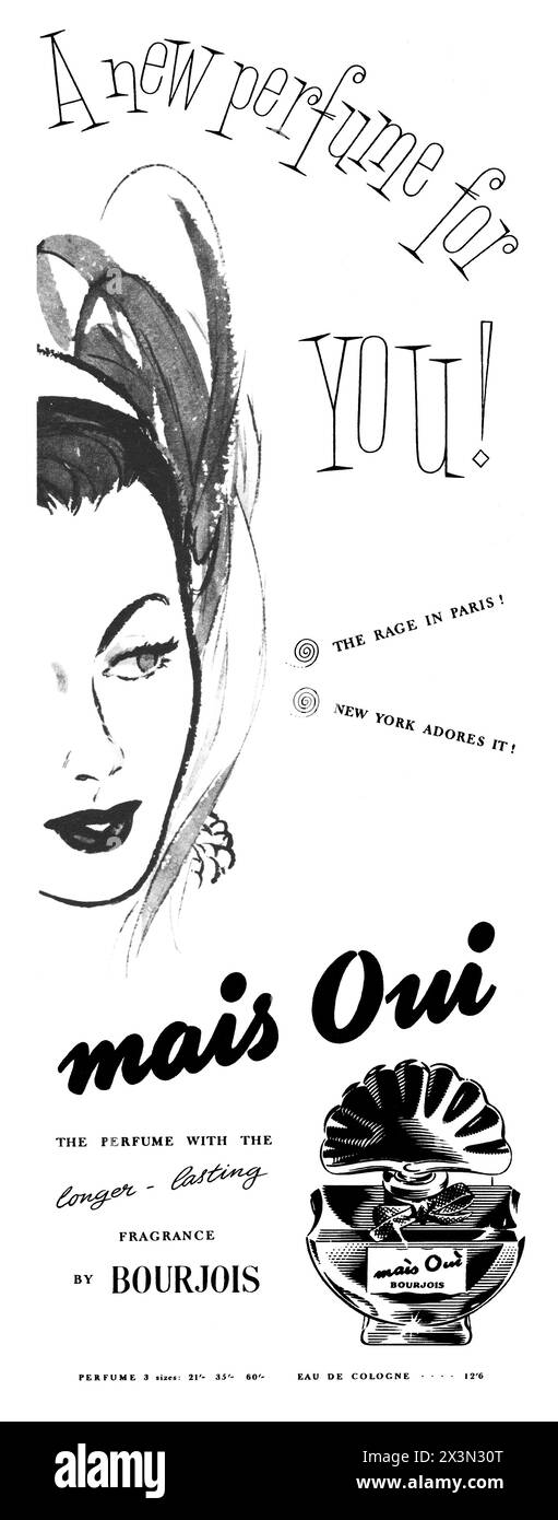 1950 publicité britannique pour le parfum mais Oui de Bourjois. Banque D'Images