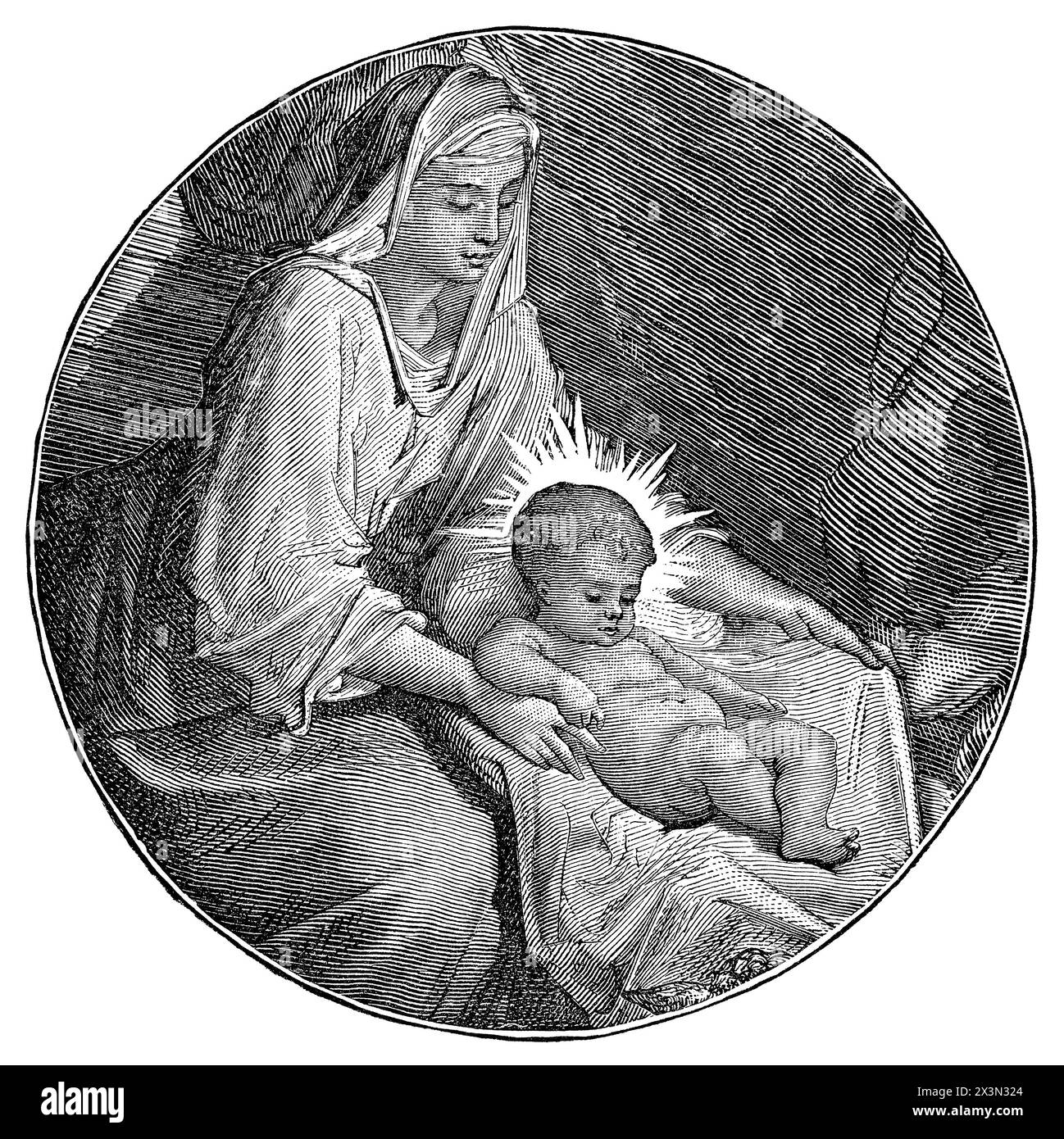 Gravure victorienne vintage de la Vierge Marie et du bébé Jésus Christ. Banque D'Images
