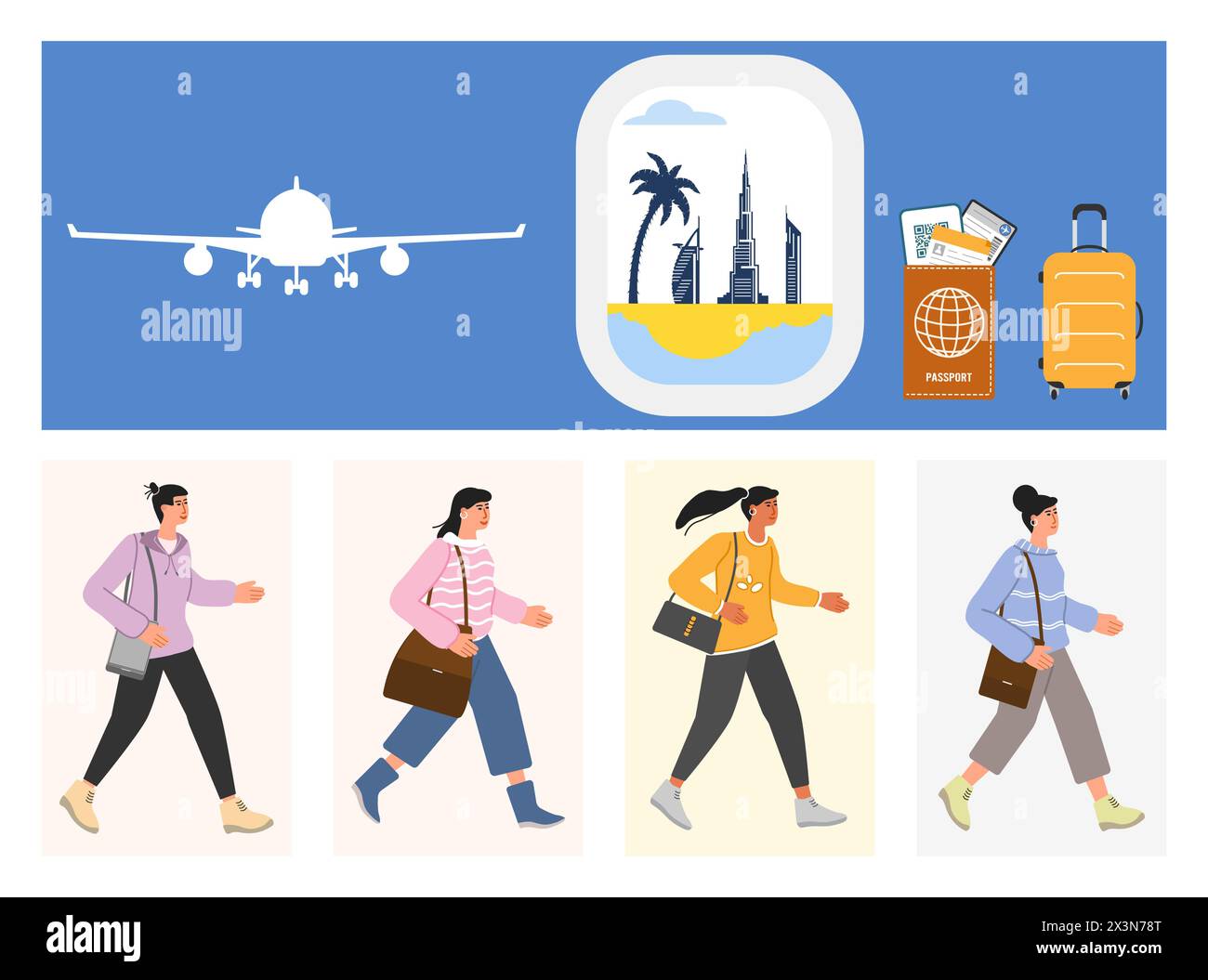 Illustration vectorielle personnes valise avion bâtiments de Dubaï, vue des hôtels depuis le hublot. Passeport voyage carte d'embarquement Tourisme vacances attraction touristique Illustration de Vecteur